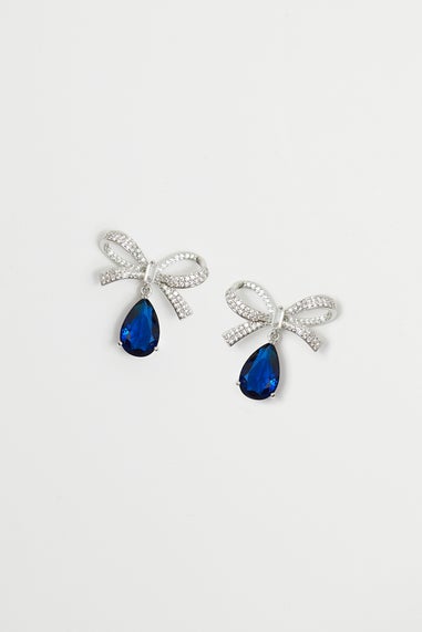 Jon Richard Rhodium Plated Cubic Zirconia Bow And Blue Peardrop Earrings