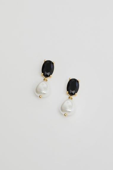 Jon Richard Gold Plated Cubic Zirconia Jet Stone And Pearl Drop Earrings