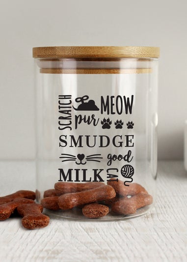 Personalised Memento Company Clear Glass Cat Treat jar with Bamboo Lid