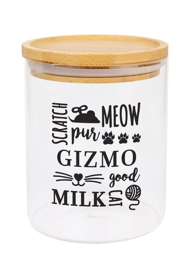 Personalised Memento Company Clear Glass Cat Treat jar with Bamboo Lid