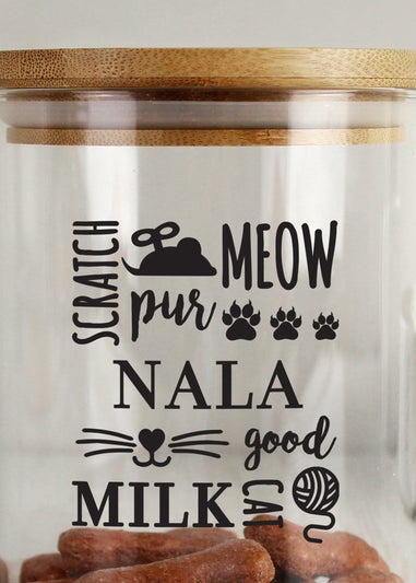 Personalised Memento Company Clear Glass Cat Treat jar with Bamboo Lid