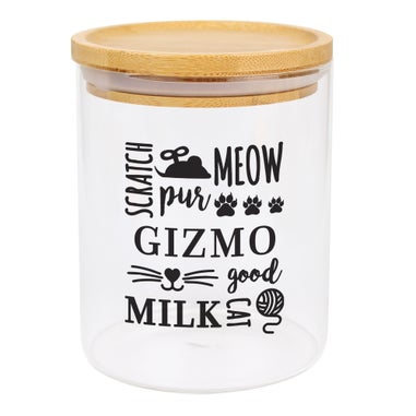 Personalised Memento Company Clear Glass Cat Treat jar with Bamboo Lid