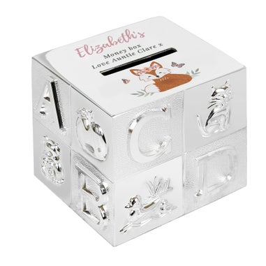 Personalised Memento Company Silver Woodland Fox ABC Money Box