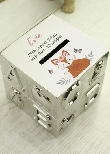 Personalised Memento Company Silver Woodland Fox ABC Money Box