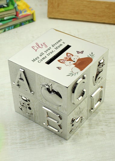 Personalised Memento Company Silver Woodland Fox ABC Money Box