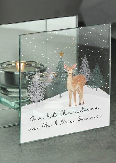 Personalised Memento Company Clear Christmas Deer Glass Tea Light Candle Holder