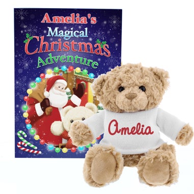 Personalised Memento Company Blue Magical Christmas Adventure Story Book and Teddy Bear