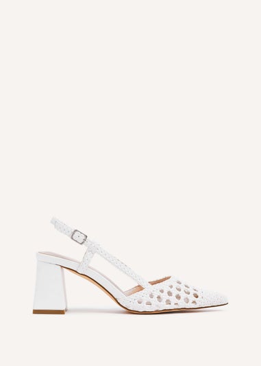 Linzi Florence White Faux Leather Woven Block Court Heels