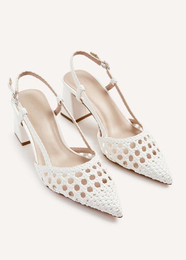 Linzi Florence White Faux Leather Woven Block Court Heels