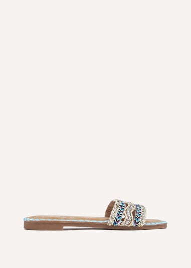 Linzi Maeva Blue Aztec Inspired Embellished Slider Sandals