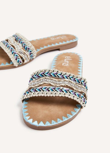 Linzi Maeva Blue Aztec Inspired Embellished Slider Sandals