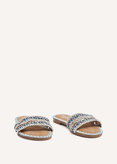 Linzi Maeva Blue Aztec Inspired Embellished Slider Sandals