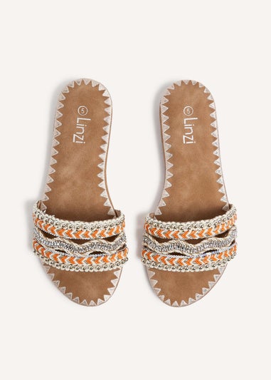 Linzi Maeva Orange Aztec Inspired Embellished Slider Sandals