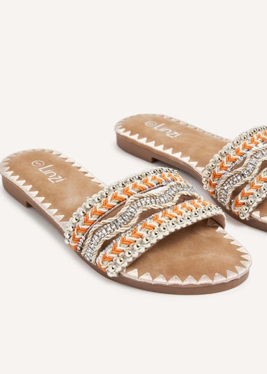 Linzi Maeva Orange Aztec Inspired Embellished Slider Sandals