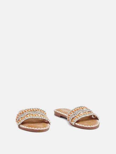 Linzi Maeva Orange Aztec Inspired Embellished Slider Sandals