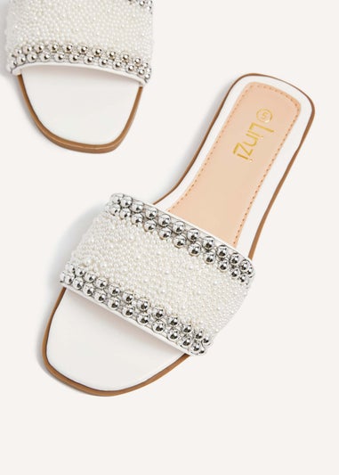 Linzi Stassie White Pearl Embellished Flat Sandals