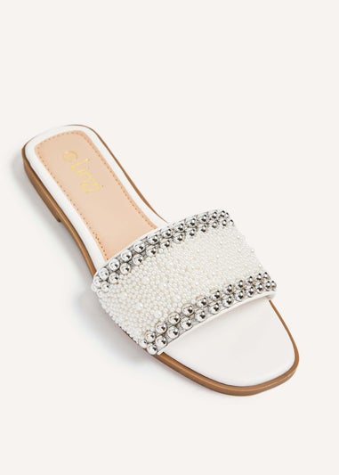 Linzi Stassie White Pearl Embellished Flat Sandals