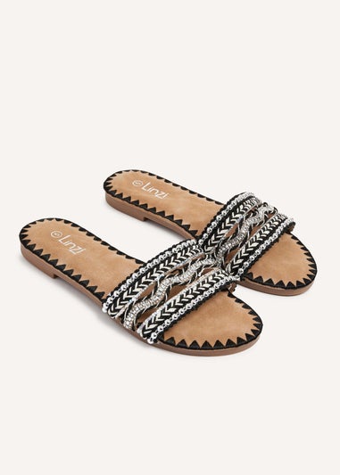 Linzi Maeva Black Aztec Inspired Embellished Slider Sandals