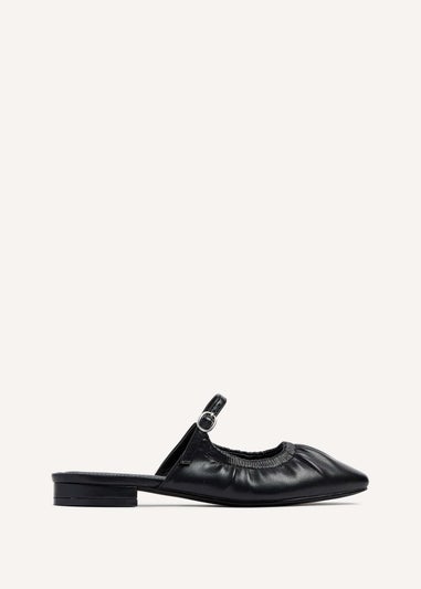 Linzi Isadora Black Faux Leather Ruched Front Open Toe Mary Jane Mule