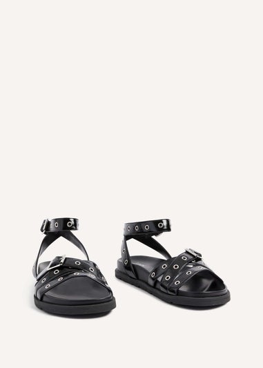 Linzi Huxley Black Faux Patent Eyelet Detailed Two Part Sandal