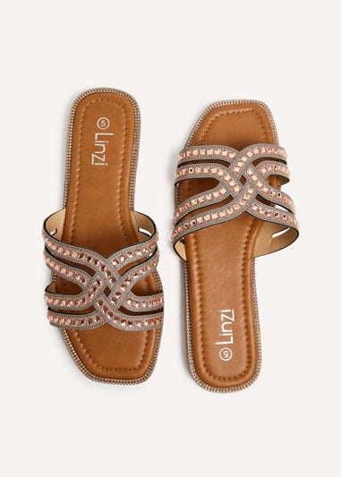 Linzi Alondra Rose Gold Diamante Embellished Flat Slider Sandals