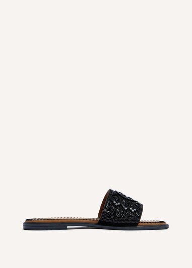 Linzi Aloha Black Beaded Flat Slider Sandal