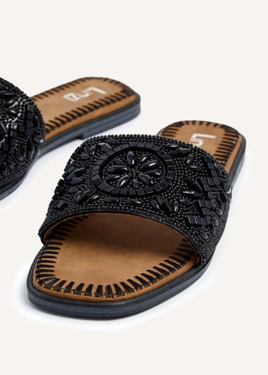 Linzi Aloha Black Beaded Flat Slider Sandal