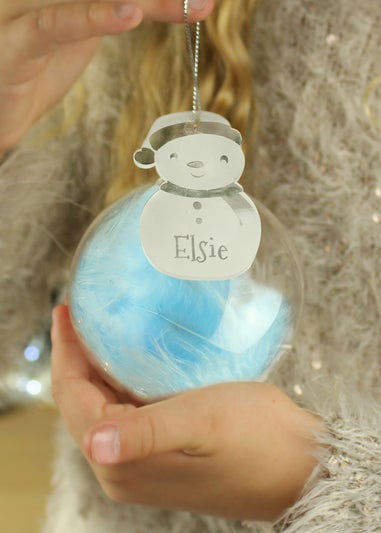 Personalised Memento Company Clear Snowman Acrylic Blue Feather Bauble