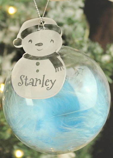 Personalised Memento Company Clear Snowman Acrylic Blue Feather Bauble