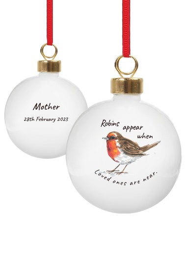 Personalised Memento Company White Robins Appear Bauble