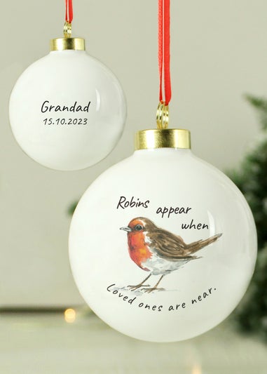 Personalised Memento Company White Robins Appear Bauble