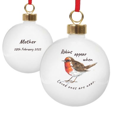 Personalised Memento Company White Robins Appear Bauble