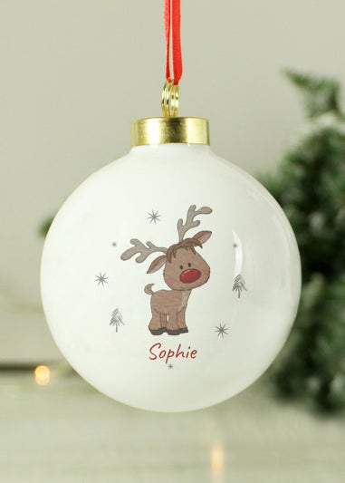 Personalised Memento Company White Little Reindeer Bauble