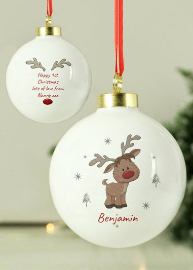 Personalised Memento Company White Little Reindeer Bauble