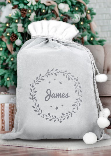 Personalised Memento Company Grey Holly Christmas Sack