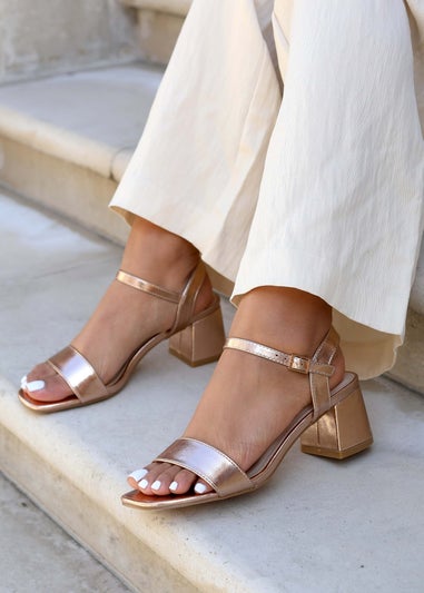 Linzi Darcie Rose Gold Faux Leather Low Chunky Block Heeled Sandal