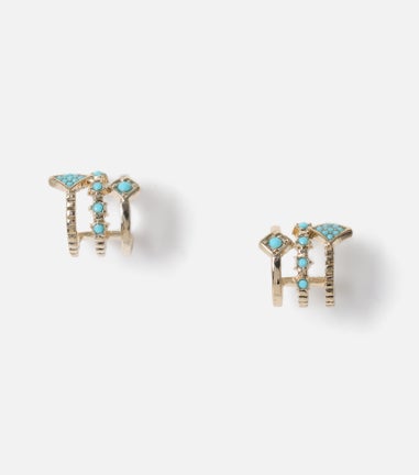 Turquoise Inlay Triple Hoop Earrings In Gold