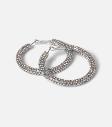 Muse Silver Large Rhinestone Tube Hoop Earrings