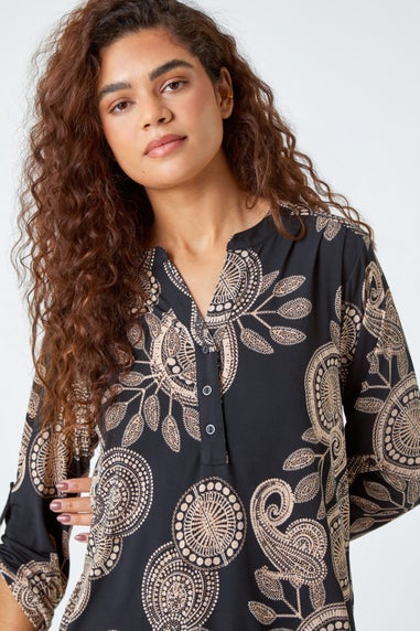 Roman Black Textured Paisley Print Stretch Shirt