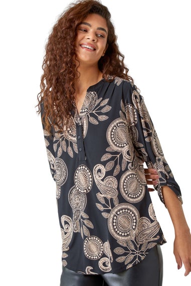 Roman Black Textured Paisley Print Stretch Shirt