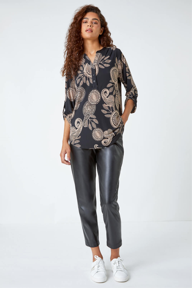 Roman Black Textured Paisley Print Stretch Shirt