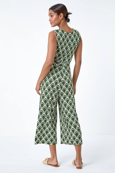 Roman Khaki Sleeveless Shell Print Stretch Jumpsuit