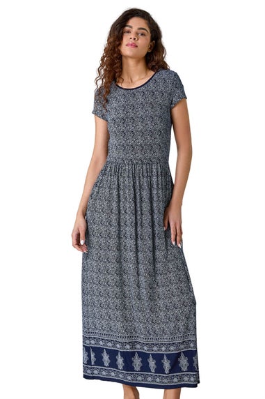 Roman Navy Paisley Relaxed Stretch Maxi Dress