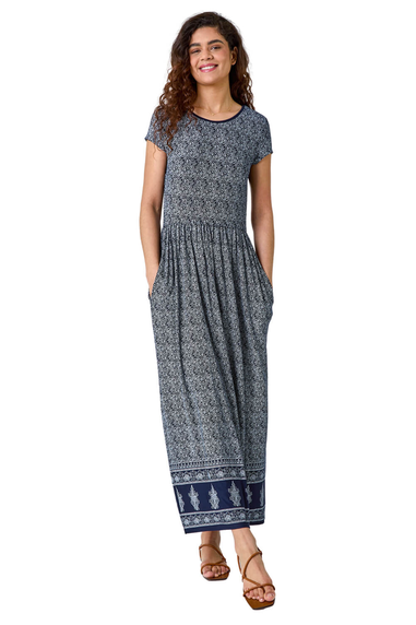 Roman Navy Paisley Relaxed Stretch Maxi Dress