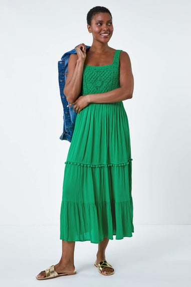 Roman Green Crochet Detail Cotton Blend Maxi Dress