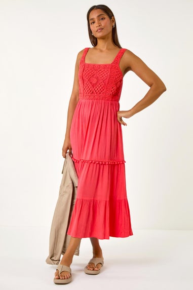 Roman Red Crochet Detail Cotton Blend Maxi Dress