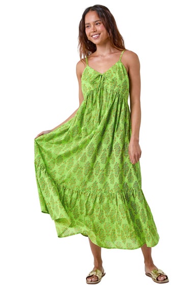 Roman Petite Lime Petite Paisley Tiered Cotton Midi Dress