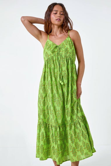 Roman Petite Lime Petite Paisley Tiered Cotton Midi Dress