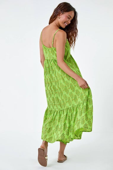 Roman Petite Lime Petite Paisley Tiered Cotton Midi Dress