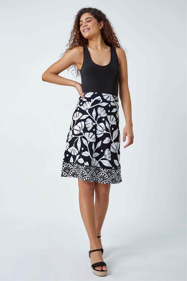 Roman Black Cotton Blend Floral Elastic Waist Skirt